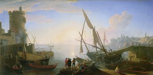 Seaport with Sunset by Adrien Manglard